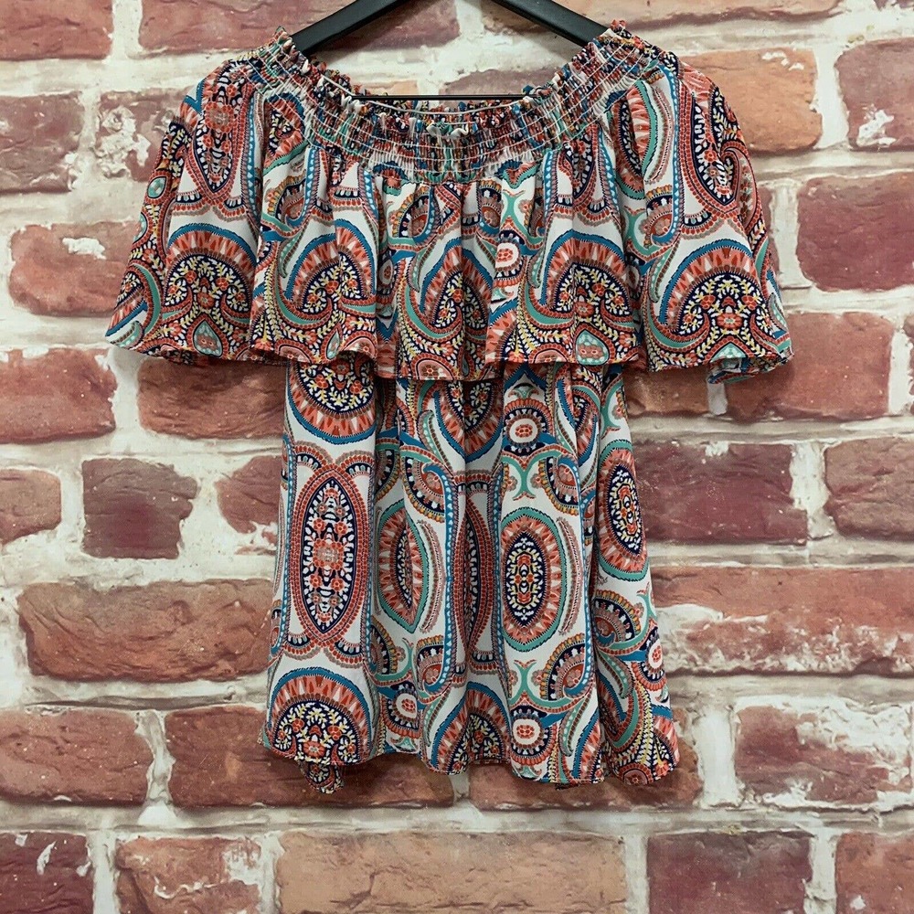 Adrienne Top Women's Small Multicolor Boho Abstract Off Shoulder Blouse
